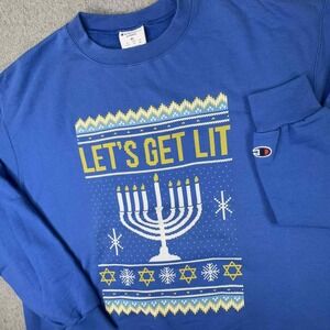 Champion Barstool Sports Let's Get Lit Hanukkah Blue Sweatshirt‎ Blue Size XL